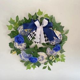 Decorative Flowers Spring Wreath For Front Door Artificial Summer Blue And White Porcelain Garlands Wreaths Doorway Or Wall Hangings