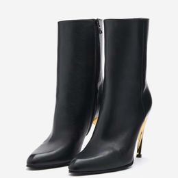 2024 Новинка, женские короткие сапоги с острым носком и боковой молнией на металлическом каблуке на высоком каблуке, модные женские короткие сапоги большого размера