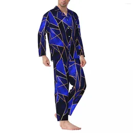 Men's Sleepwear Blue Geometry Pyjama Set Gold Line Print Lovely Men Long-Sleeve Casual Daily 2 Piece Nightwear Plus Size