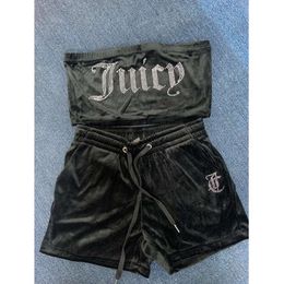 2024 Women's Two Piece Pants Juicy Apple Veet Sexy with Drill Fashion Tube Crop Top Casual Drawstring Shorts Set Loose Summer Clothes Tracksuit 666eee