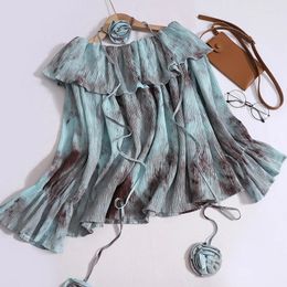 Women's Blouses French Tie Dye Shirt Autumn Women Boat Neck Flared Sleeve Pleated Lace-up Blouse Casual Fashion Ruffle Pullover Top