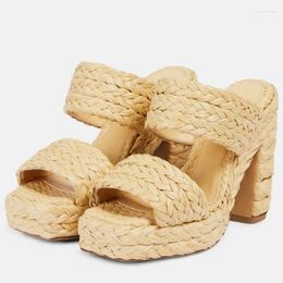 Sandals Est Straw Braided Two Band Platform Round Toe Block Heels Mules Slip On Women Casual Summer Party Shoes