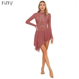 Stage Wear Womens Glitter Rhinestone Figure Skating Dance Dress Mesh Long Sleeve Mock Neck Irregular Hem Ballet Gymnastics Leotard Dresses