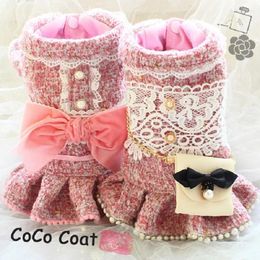 Dog Apparel Handmade Luxury Coat Pet Dress Clothes Princess Fashion Design Exquisite Pink Tweed Velvet Bow Chain Bag Party Holiday