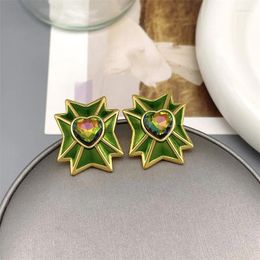 Stud Earrings European And American Retro Green Enamel Glaze Inlaid Heart Shape Zircon Geometric For Women Delicate