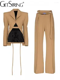 Women's Two Piece Pants Getspring Women Pant Suit Fishbone Wide Shoulder Hollow Out Jacket High Waist Long Straight Set 2024
