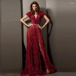 Party Dresses Dubai Ostrich Formal For Wedding Cap Sleeve Burgundy Dress Tulle Split Prom Gowns Beaded Feathers Gorgeous