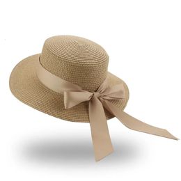 Bucket Hat Beach Summer Straw Hats for Women Flat Top Ribbon Bowknot Elegant Luxury Sombreros De Mujer 240219