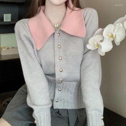 Women's Knits Temperament Sweater Chic Design Spliced Doll Neck Early Autumn Unique French Top Lazy Soft Glutinous Knit Cardigan