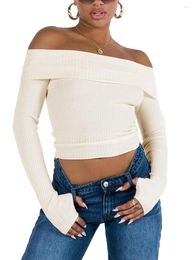 Women's Sweaters Women S Sexy Off Shoulder Tops Slim Long Sleeve Ribbed Knit Pullover Jumper Going Out Nightout Shirt