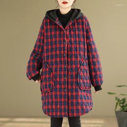 Women's Trench Coats 2024 Arrival Padded Cotton Plaid Hooded Thicken Vintage Autumn Winter Outwear Fashion Women Spring Casual Parker