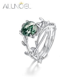 ALLNOEL Natural Moss Agate 925 Sterling Silver Double Rings For Women Gold Plated Wedding Engagement Bride Princess Gift Jewelry 240220