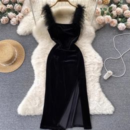 Casual Dresses Spring And Autumn Sexy Wool Sling Dress Girl Vintage Split Velvet Black Women