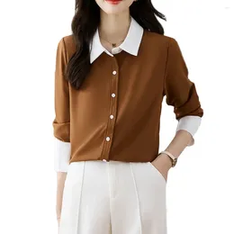 Women's Blouses Elegant Women Chiffon Shirts Autumn Turn-Down Collar Color Spliced Long Sleeve Top Office Lady Formal Blusa Mujer