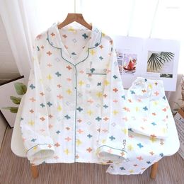 Women's Sleepwear Cotton Gauze Homewear Set Long Sleeve Top And Pants Pajamas 2024 Autumn Japanese Soft Simple Printed Casual Pajama