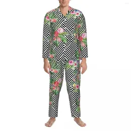 Men's Sleepwear Tropical Flamingo Pyjamas Man Geometric Floral Print Lovely Daily Autumn 2 Pieces Casual Oversized Custom Pyjama Set