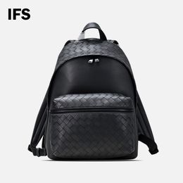 High End Men's Fashion Leather Woven Large Capacity Leisure Travel Backpack Light Luxury Design Business Notebook Tablet Computer Bag Black Unisex