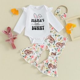 Clothing Sets Baby Girls Easter Outfits Letter Print Long Sleeves Romper And Floral Elastic Flared Pants Headband Set