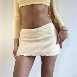 Skirts Women Low Waist Solid Colour Short Fit Mini Skirt Aesthetic Sweet Bowknot Zipper Back Fringed Tassels Trim 066C