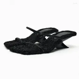 Slippers Square Toe Ladies Shoes Lamb Wool Women Thin Straps Zapatos Mujer 2024 Spring Flip Flops Elegant Wedges Sandals