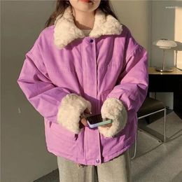 Women's Trench Coats Thick Warm Winter Cotton Coat Pink Sweet Wool Collar Japanese Elegant Jacket Imitation Lamb Casual 2024