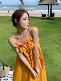 Casual Dresses Summer Orange Loose Ruffle Edge Sleeveless Dress Beach Backless Spaghetti Strap Women Sweet Elegant Ladies Solid