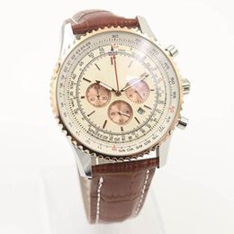 TWO TONE 46MM Watch New Quality B06 B01 Chronograph Battery Movement Quartz Dial Men Silver Watch Brown Leather Mens Wristwatches284U