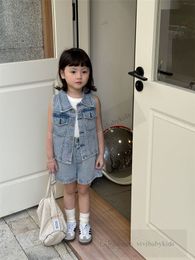 2024 Summer children denim clothes sets INS girls lapel cowboy waistcoat with shorts 2pcs kids soft wash denim casual outfits S1104