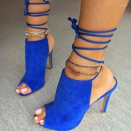 Sandals Sexy Blue Suede Ankle Strap Shoes Peep Toe Lace-up Cut-out Gladiator Heels Pumps High Party Dress Size 10 Customised