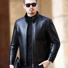 YXL221 Natural Leather Jacket Mens Standup Collar Business Casual Fur Onepiece Super Soft SE Plush Liner Warm 240223