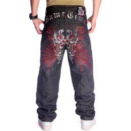 Plus Size 30-46 Inch Skateboard Mens Baggy Jeans Wide-Leg Loose Hip Hop Embroidered Flower Wings Male Denim Pants Tide