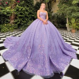 Lilac Shiny Princess Quinceanera Dresses 2024 Sweet 16 Dress Ball Gown Applique Lace Beads Tull Part Prom Wear Lace Up vestidos de 15