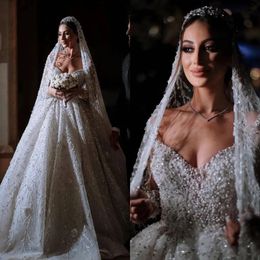 Stunningbride 2024 Gorgeous Beaded A-Line Wedding Dresses Sexy V Neck Long Sleeves Full Pearls Plus Size Bridal Party Bridal Gowns