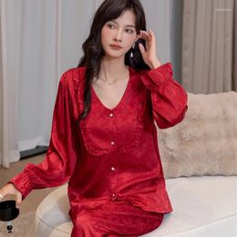 Women's Sleepwear Spring Summer V-Neck Pyjamas Set Shirt Trouser Home Clothes Casual Silky Satin Female Long Sleeve Pijamas Suit