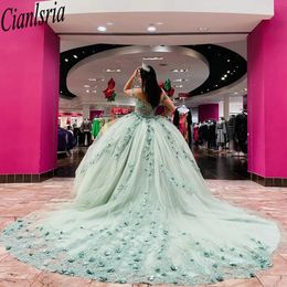 Mint Green Off The Shoulder Ball Gown Quinceanera Dresses Appliques Lace 3D Flowers Corset Vestidos De 15 Anos