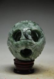 SPLENDIFEROUS JADE HANDCARVED 3 LAYERS PUZZLE BALL WITH BASE gtgtgt 1486866