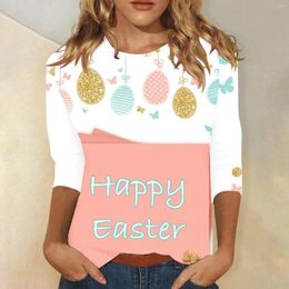 Women's T Shirts Spring/Summer Round Neck Happy Easter Printed 3/4 Sleeve Loose Full For Women Solid Colours