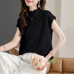 Women's Blouses Elegant Casual Jacquard Lace Shirt Women Summer Ice Silk Half Turtleneck Blouse Loose White Short Sleeve Top Clothes 27005