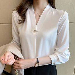 Women's Blouses 2024 Autumn Korean White Long Sleeve Tops Ladies Basic Shirt Solid Colour Chiffon Blue V-Neck Blusas Femininas 2168