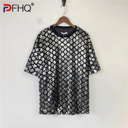 PFHQ Mens Loose Plaid Heavy Industry Sequin T-shirt Diamond-type Lattice Round Neck Short Sleeve Sparkling Tops Summer 21Z3720 240223