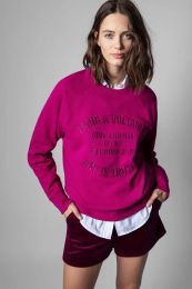 Ss New Hot Sweatshirt Zadig Voltaire Designer Hooded Sweatshirt Letter Embroidery Vintage Print Round Neck Cotton Light Purple Pull C