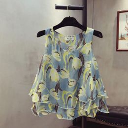 Women's Blouses Korean Style Floral Printed Blouse Shirts Summer Sleeveless Ruffle Women Chiffon