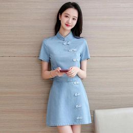 Work Dresses Fashion Denim Two-Piece Skirt Women Short Sleeve Tops Retro Disc Button Cheongsam Set Q371