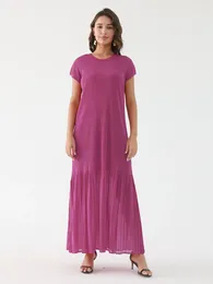 Casual Dresses Miyake Pleated O-Neck Garment Sleeves Loose Hem Long Dress Women 2024 Abaya Fashion Designer Causal Elegant Large Size Cloth