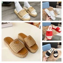 discount Casual Shoes Women Ladies Platform Slippers Raffia Straw Sandal Plush Wool Triangle Buckle Mules Espadrilles Thick Bottom Fur Furry Slides Fleece Shearli