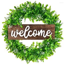 Decorative Flowers Artificial Boxwood Wreath For Front Door Decor Porch Decoration With Wooden Welcome Sign And White Flower Green