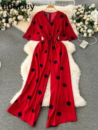 Women Wide Leg Trousers Jumpsuit V Neck Sexy Dolman Sleeves Waist Slim Polka Dot Print Jumpsuit 240219