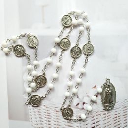 Pendant Necklaces Saint Michael Medal Hail Mary Rosary Necklace Prayer Chaplet White Beads Chain Our Lady Of Guadalupe Virgin Jewellery