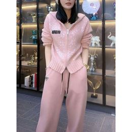 Advanced and Fashionable Korean Version Set for Women's 2023 Autumn/winter New Hooded Sequin Knit Cardigan+plush Wide Leg Pants