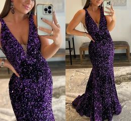 Elegant Plus Size Purple Mermaid Evening Dresses Deep V Neck Sequined Pleats Formal Evening Party Dress Prom Birthday Pageant Celebrity Special Occasion Gowns